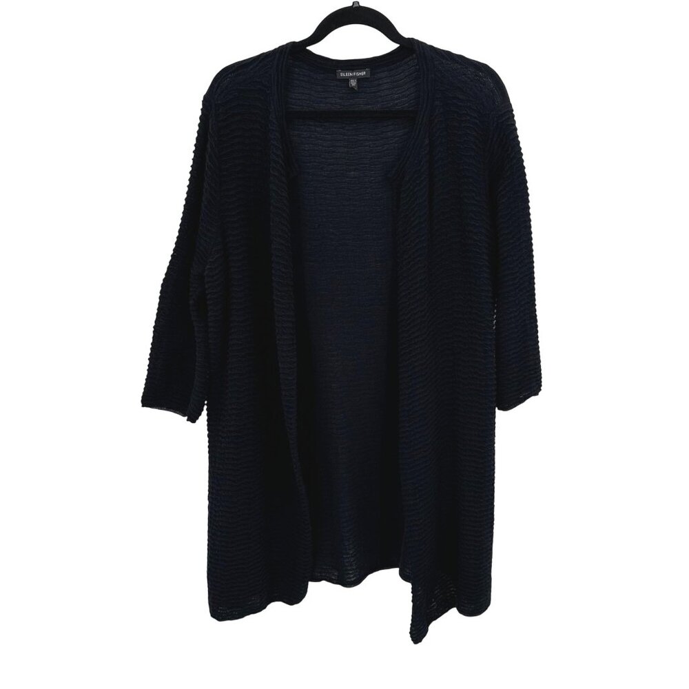 Eileen Fisher Womens Black Cotton Linen Blend Long Line Sweater Cardigan L